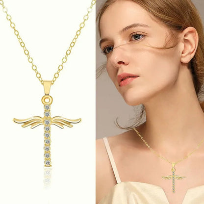 Women's Fashion 18 K Gold Fashion Cross Diamond Pendant Necklace Angel Diamond Necklace