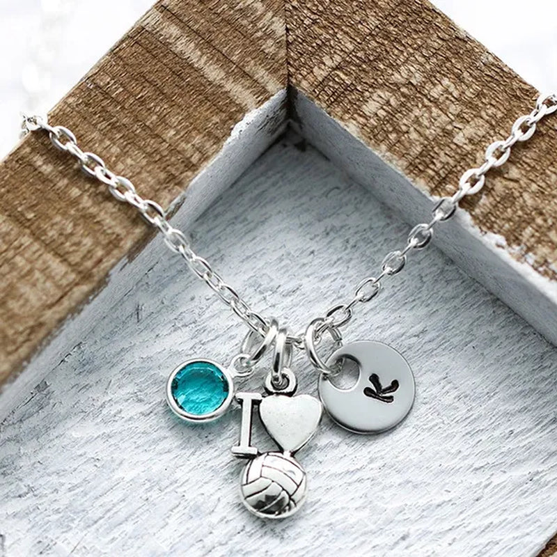 Antique Silver Volleyball Necklace, Initial Charm Pendant ,Volley Ball Jewelry