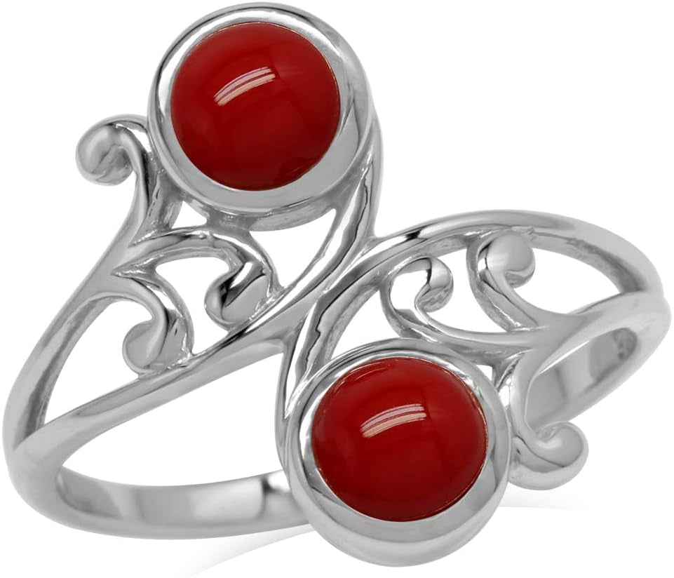5Mm Created round Shape Red Coral 925 Sterling Silver Leaf and Swirl Style Bypass Ring Size 8