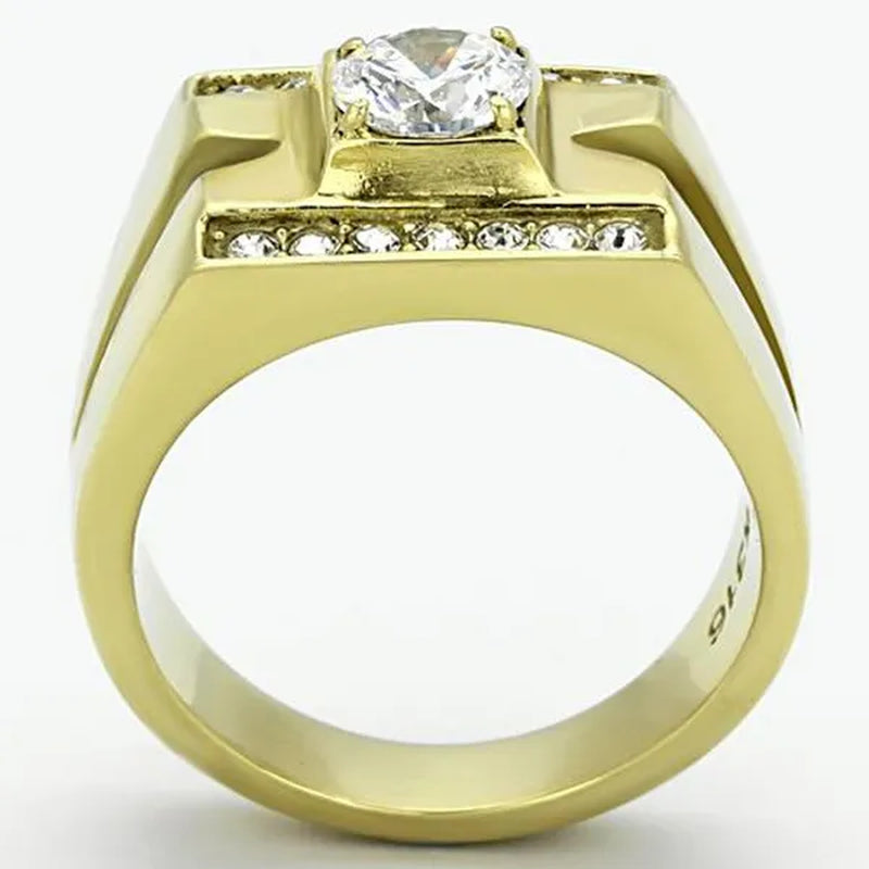 Men's Stainless Steel 14K Gold Ion Plated 1.26 Ct Simulated Diamond Ring Size 8-13