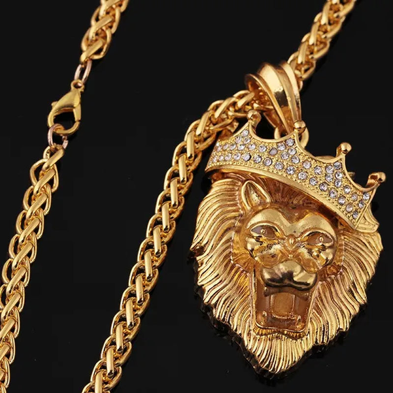 Titanium Steel Diamond Crown Lion Head Necklace Hip Hop Luminous Necklace Men's Gold-plated Punk Party Pendant Necklace