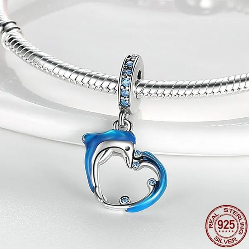 925 Sterling Silver Blue Dolphin Pendant Charm Fit Original Bracelet Making Fashion DIY Jewelry