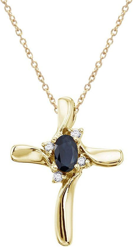 14K Yellow Gold Sapphire and Diamond Cross Pendant with 18" Chain