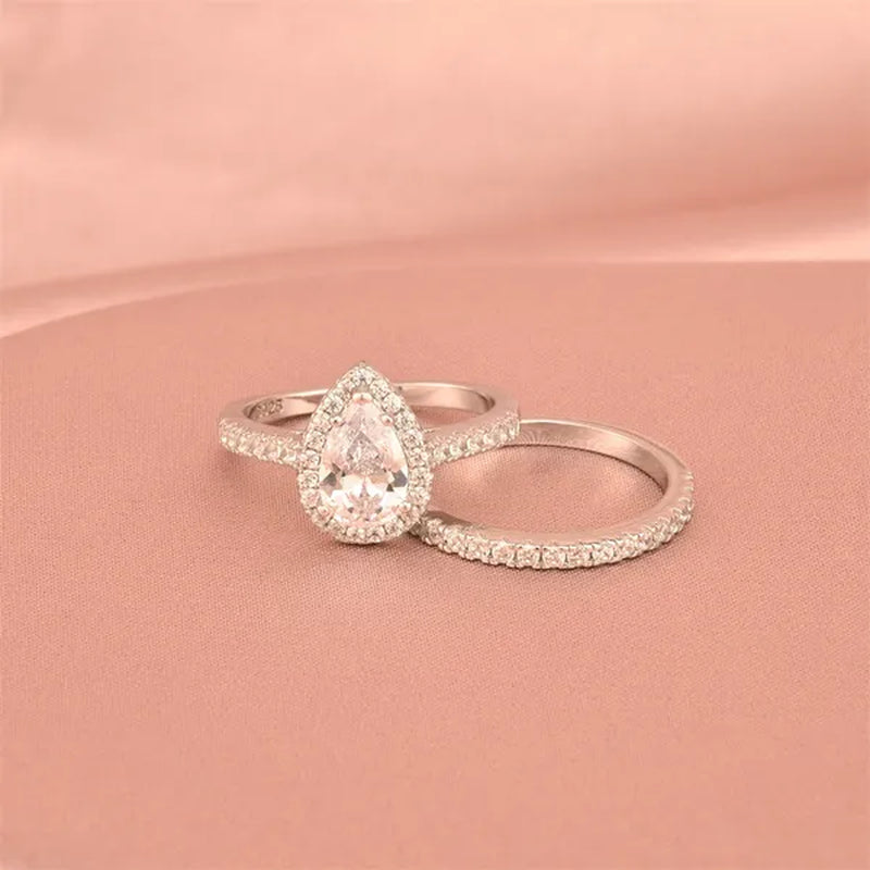 Newshe Halo Pear Shape Solid 925 Sterling Silver Wedding Engagement Rings For Women Water Drop AAAAA  Bridal Set Sz 4-13