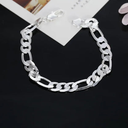 925 Sterling Silver Gold Italian 8mm Solid Diamond-Cut Figaro Link Chain Bracelet for Men Jewelry