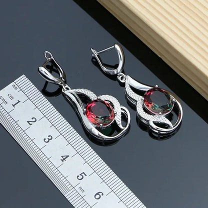 925 Silver Jewelry Sets for Women Rainbow Tourmaline  Wedding Necklace Earrings Open Ring