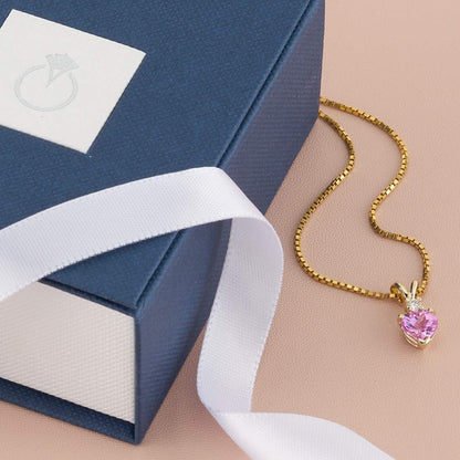 Created Pink Sapphire with Genuine Diamond Pendant in 14 Karat Yellow Gold, Heart Shape Solitaire, 6Mm, 1.15 Carats Total