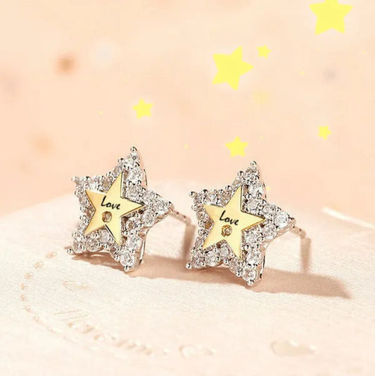 Temperament Ladies Fashion Shining Star 18K Yellow Love White Sapphire Diamond Earrings Ring