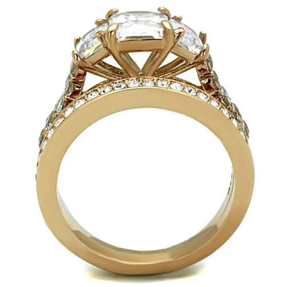 Women's Stainless Steel 316 Rose Gold Emerald Cut Zirconia Wedding Ring Set Size 5-10
