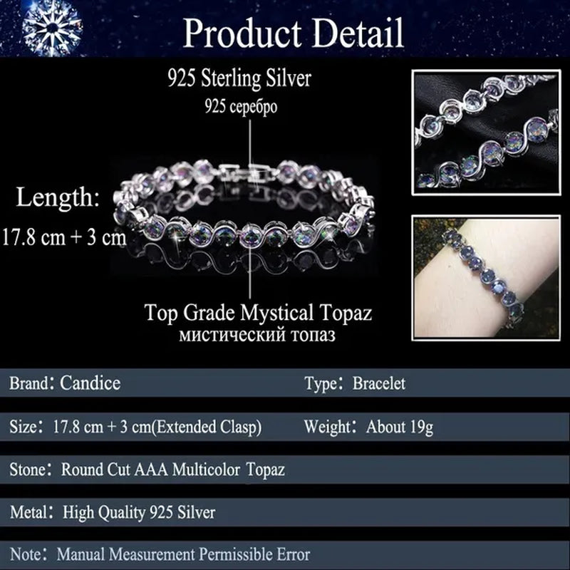 CANDICE Amazing S Shaped with round Genuine Mystic Rainbow Crystal Stone Women Bracelet Solid Sterling Silver Plated