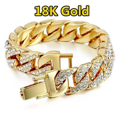 2018 Fashion Mens Womens Chain Hiphop Iced Out Curb Cuban Diamond 18K Gold / 24K Gold / 925 Silver Plated Bracelet Paved Clear Rhinestones
