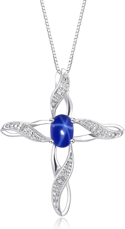 Necklace Sterling Silver 925 Cross Necklace with Gemstone & Diamonds Pendant with 18" Chain 7X5MM Birthstone Womens Jewelry Silver Necklace for Women Diamond Necklace