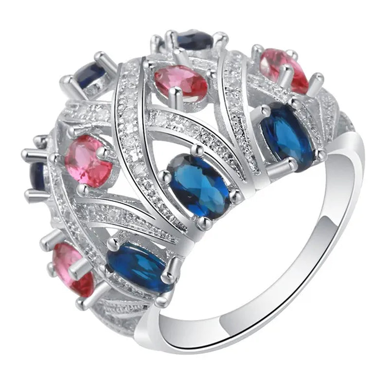 Silver Natural stones Ruby and Emerald and Sapphire White Sapphire Wedding Birthstone Bride Engagement Ring Jewelry