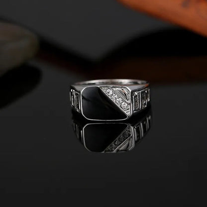 Classic Men's Punk Black Square Fashion Men's Ring Surface Classic Pattern Fashion Silver Plated Ring Size 6-12