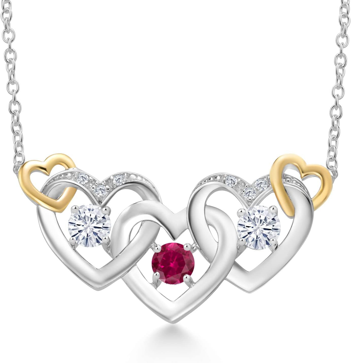 925 Silver and 10K Yellow Gold Red Created Ruby White Moissanite and White Lab Grown Diamond Heart Shape Pendant Necklace for Women (0.77 Cttw, with 18 Inch Chain)