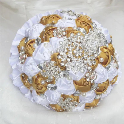 Bride Wedding Bouquet Ivory Gold Rose Flower Crystal Brooch Bouquet Flowers Diameter 18CM
