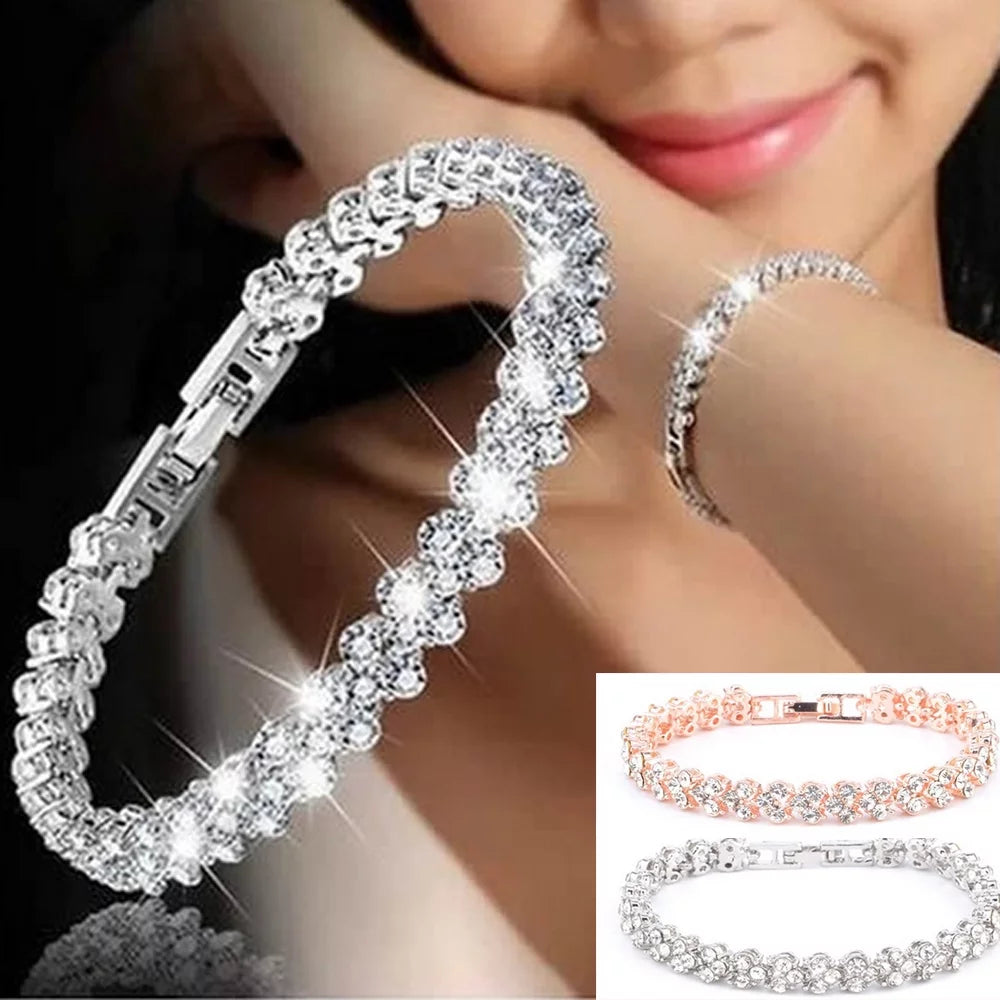 Women Fashion Gold Silver Crystal Diamond Cuff Bracelet Bangle Chain Jewelry