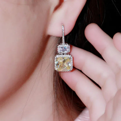 Gloriya Brilliant Sparkly Micro Cubic Zirconia Pave Citrine Square Drop Dangle Hook Earrings Jewelry for Women Fashion Accessory