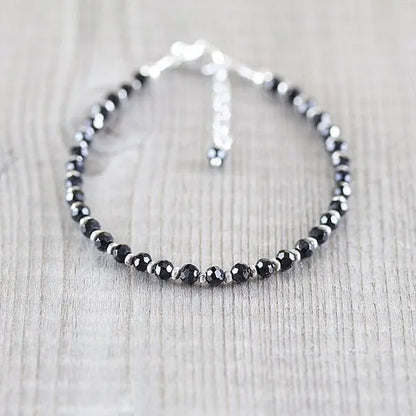 Black Spinel, Sterling & Karen Hill Tribe Silver Bracelet Boho Beaded Gemstone Bracelet Dainty Stacking Bracelet
