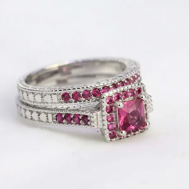 Sz6-9 10KT White Filled Princess cut 5mm Red CZ Ruby Womens Wedding Ring Bridal Sets