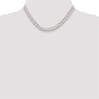 Fashion Solid 925 Silver 8Mm Close Link Flat Curb Cuban Chain Necklace with Secure Lobster Lock Clasp