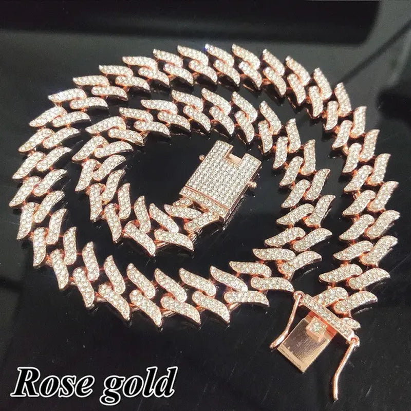 New Fashion Jewelry 925 Silver/Gold/Rose Gold Plated Men Cuban Miami Link Necklace Stainless Steel Diamond Silver Chain Necklace or Bracelet 7/8/18/20/24 Inches 1Pcs