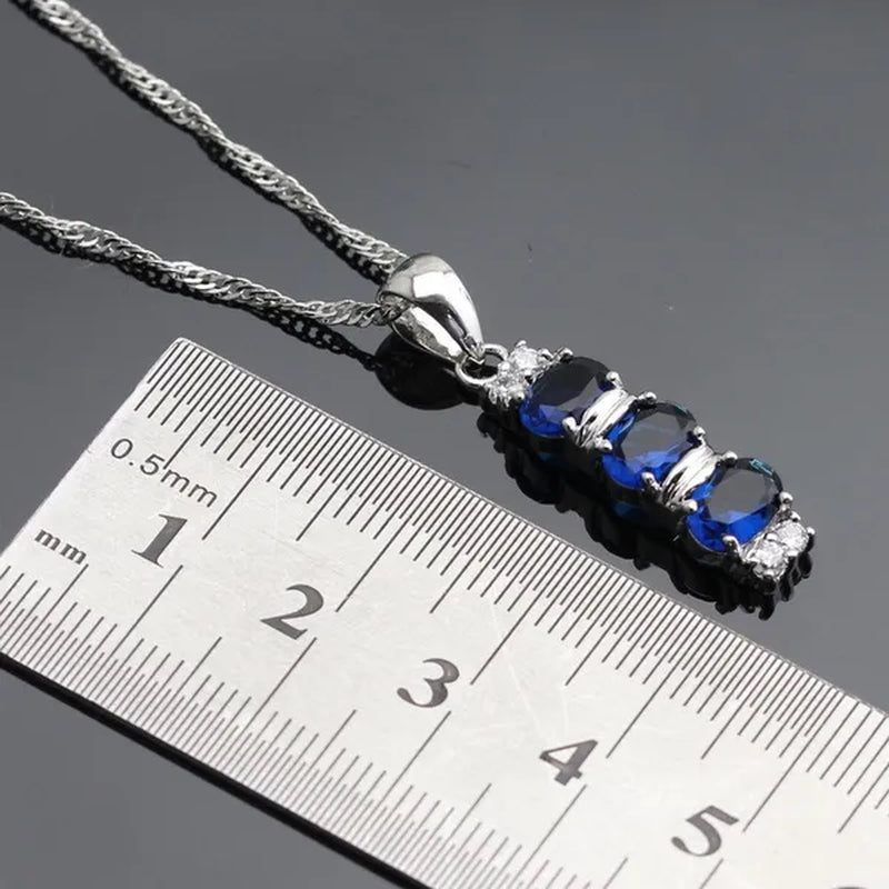 925 Sliver Jewelry Sets Blue Zircon White Topaz Necklace Pendant Drop Earrings Ring Bracelet For Women  Dating Gift