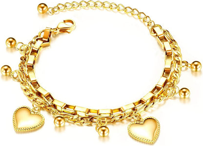 Fashion Stainless Steel Double Layer Chain Bracelet Love Heart-Shaped Charm Bracelet for Women