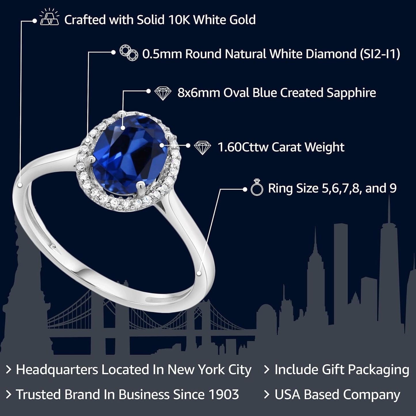 10K White Gold Oval Gemstone Birthstone and White Diamond Halo Engagement Ring | Oval 8X6MM | Wedding Anniversary Promise White Gold Ring for Women
