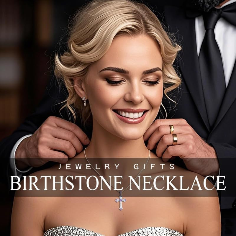 Cross Necklace for Women 18K White Gold Plated Heart CZ Birthstone Cross Faith Pendant Necklaces Religious Christian Jewelry Anniversary Birthday Mother'S Day Gifts for Women