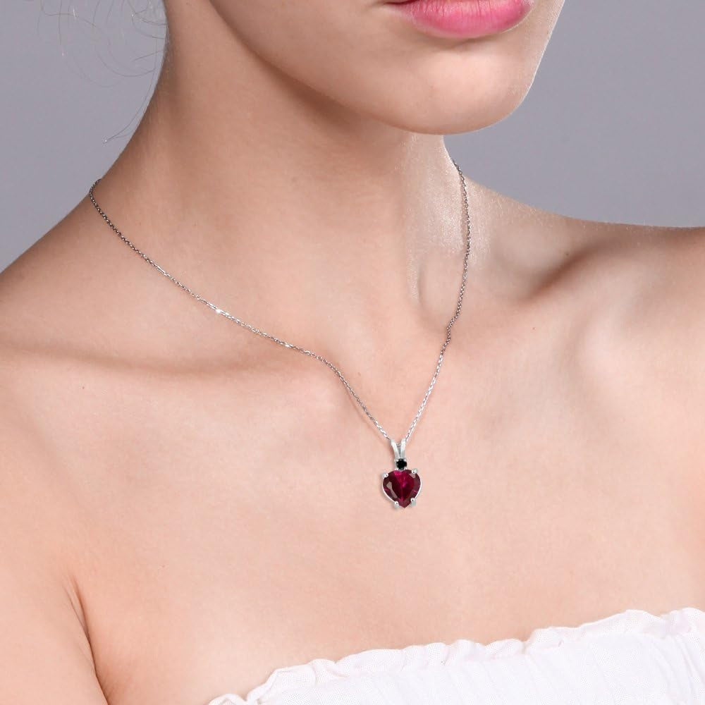 2.25 Cttw 14K White Gold Red Created Ruby and Black Diamond Pendant Necklace for Women | Heart Shape 8MM | with 18 Inch Chain