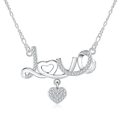 Pretty Women's 925 Sterling Silver Heart Beautiful LOVE Pendant Diamonds Necklace(with Chain)