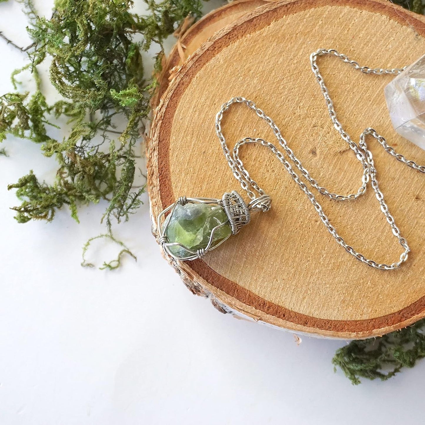 Handmade Women’S Peridot Necklace 24 Inch Chain White Gold Plated, August Birthstone
