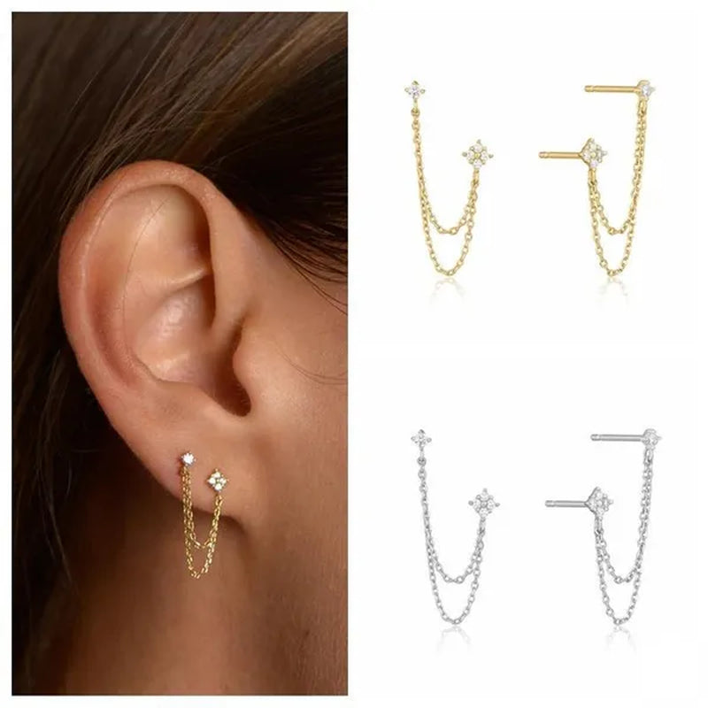 Double Ear Piercing Diamond Stud Earrings Chain Earrings for Women Wedding Party Fashion Temperament Jewelry Gift