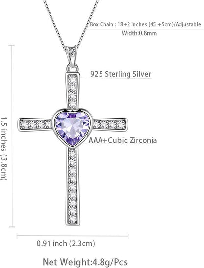 Heart Birthstone Necklace/Ring,925 Sterling Silver Women Cross/Heart 12 Birth Stones Jewelry for Birthday Gift Anniversary Wedding