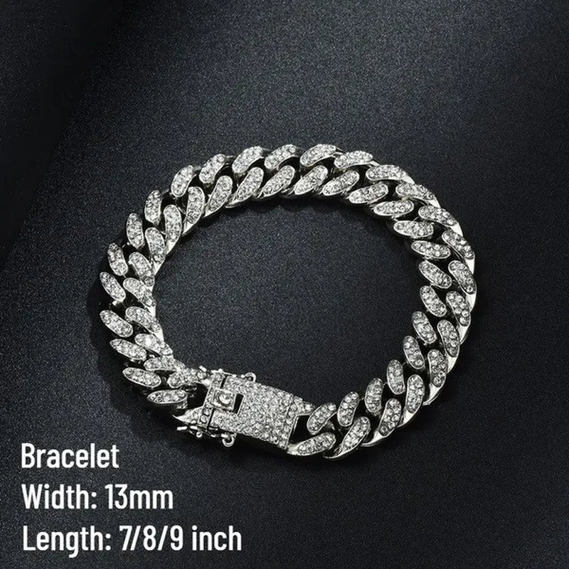 24K Gold / 925 Silver / Rose Gold Stainless Steel Hip Hop Jewelry Iced Out Diamond Thick Miami Cuban Link Chain Necklace Bracelet Watch for Men'S and Women'S Party Jewelry Set Nightclub Bar Fashion Accessories
