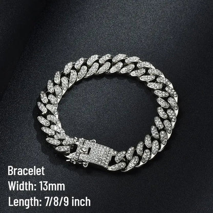 24K Gold / 925 Silver / Rose Gold Stainless Steel Hip Hop Jewelry Iced Out Diamond Thick Miami Cuban Link Chain Necklace Bracelet Watch for Men'S and Women'S Party Jewelry Set Nightclub Bar Fashion Accessories