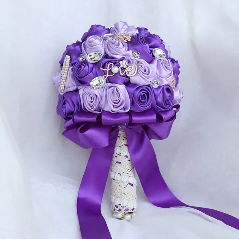 20CM Simulation Silk Rose Wedding Bouquet Diamond Pearl Brooch Bridal Bouquets Romantic Bridesmaid Holding Flowers