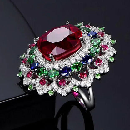 Luxurious  Silver Natural Gemstones Ruby And Emerald and Sapphire White Sapphire Wedding Birthstone Bride Engagement Flower Ring Jewelry Size 6 7 8 9 10