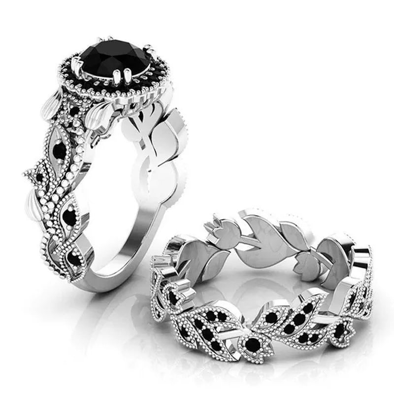 2 Pieces/Set of Exquisite Fashion Ideas Flowers Ring Black Zircon Ring Flower Vine Ladies Ring Jewelry Wedding Ring Princess Proposal Ring Anniversary Gift (Size: 5-11)