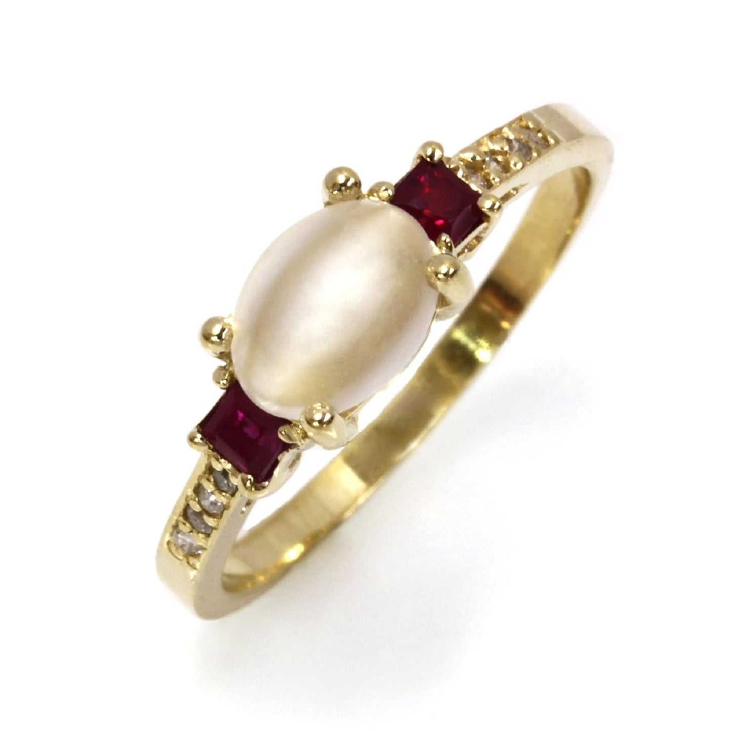 2.65 Ct Tw Natural Cabochon Moonstone, Red Ruby & Diamond Solid 14K Rose Gold 3 Stone Engagement Ring for Women 6 Mm (18K Yellow Gold, 3)