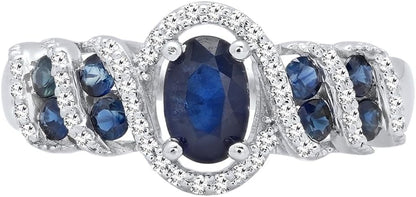 6X4 MM Oval & round Cut Blue Sapphire and round Diamond Ladies Engagement Ring, Sterling Silver