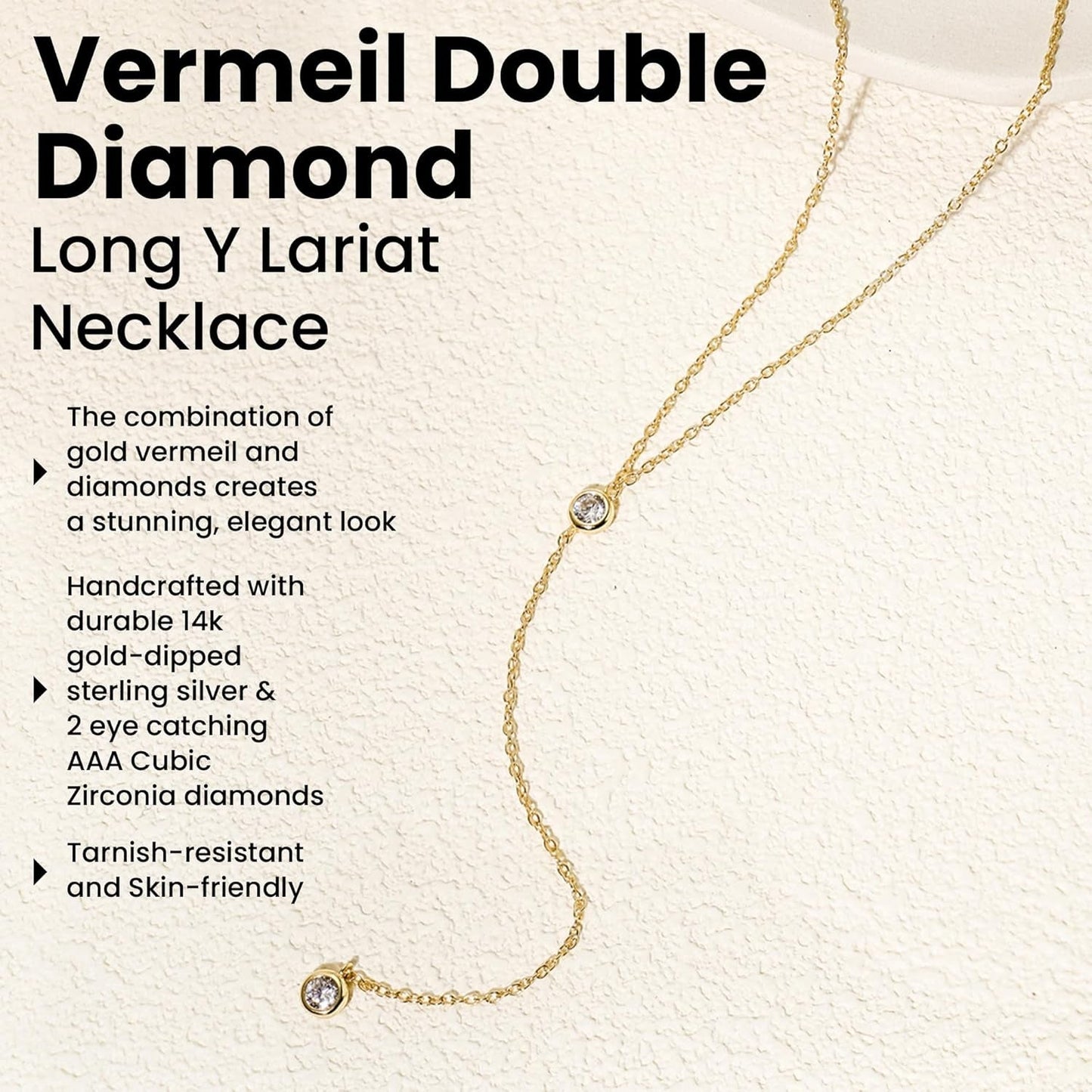 14K Gold Vermeil Lariat Necklace with 2 CZ Diamond in a 3.25" Dainty Drop Pendant, 16" - 19" Gold Dipped Sterling Silver Long Necklace for Women
