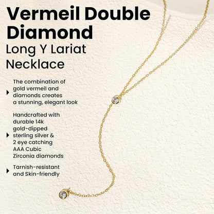 14K Gold Vermeil Lariat Necklace with 2 CZ Diamond in a 3.25" Dainty Drop Pendant, 16" - 19" Gold Dipped Sterling Silver Long Necklace for Women