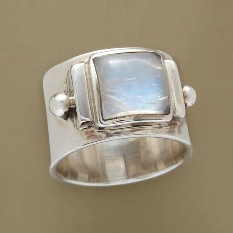 American Europe Women's Fashion Jewelry Antique 925 Sterling Silver Natural Gem Moonstone Ring Ladies Engagement Wedding Anniversary Ring for Mom Wife Girlfriend Birthday Gift Jewelry Size US4-11