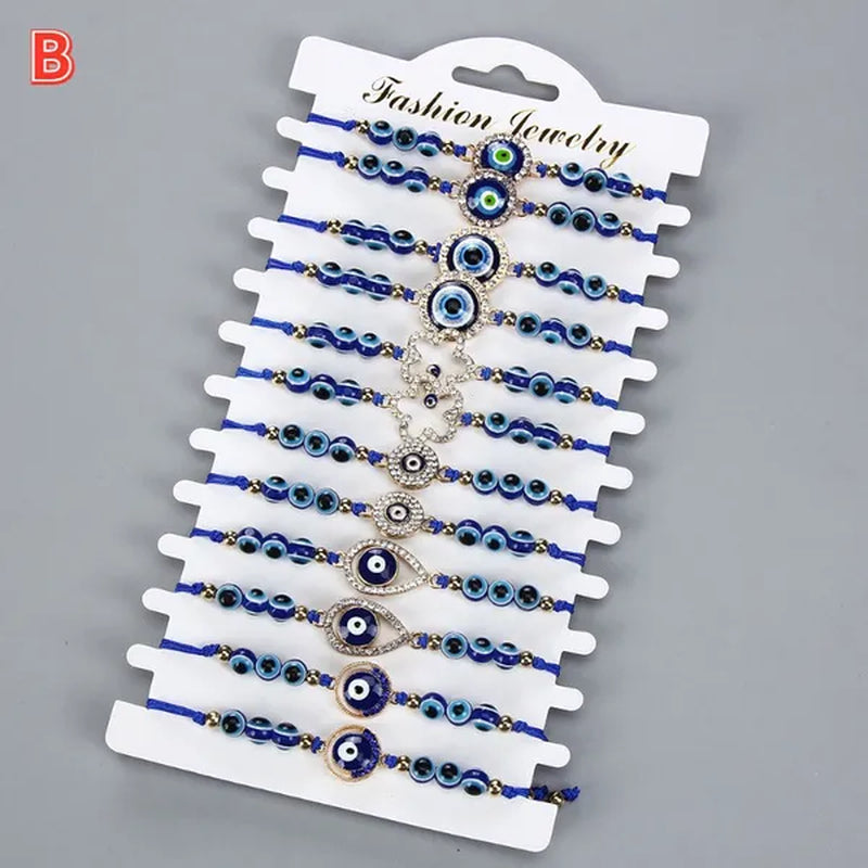 12 Pcs/Set Bohemian Handmade Braided Rope Charm Bracelets Rhinestone Blue round Beads Evil Eye Bracelet for Women Men Friendship Jewelry Gifts