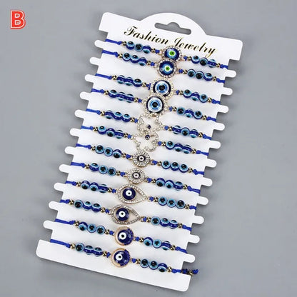 12 Pcs/Set Bohemian Handmade Braided Rope Charm Bracelets Rhinestone Blue round Beads Evil Eye Bracelet for Women Men Friendship Jewelry Gifts