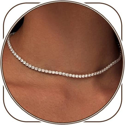 Tennis Necklace for Women, 18K Gold/Silver Plated Rhinestone Choker Necklaces Dainty Zirconia Cut Faux Diamond Chain Wedding Jewelry for Women