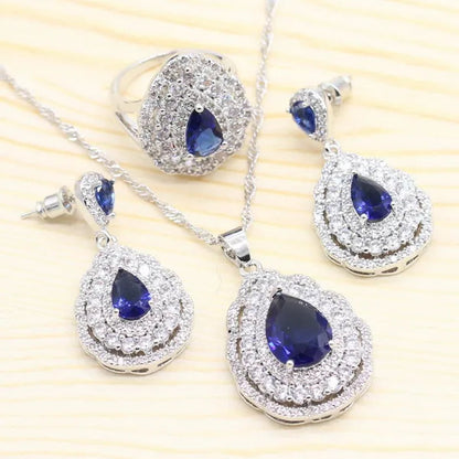 925 Silver Royal Blue Zirconia Wedding Jewelry Set for Women Heart Shape Necklace Pendant Ring Earrings Bracelet S Gift Box