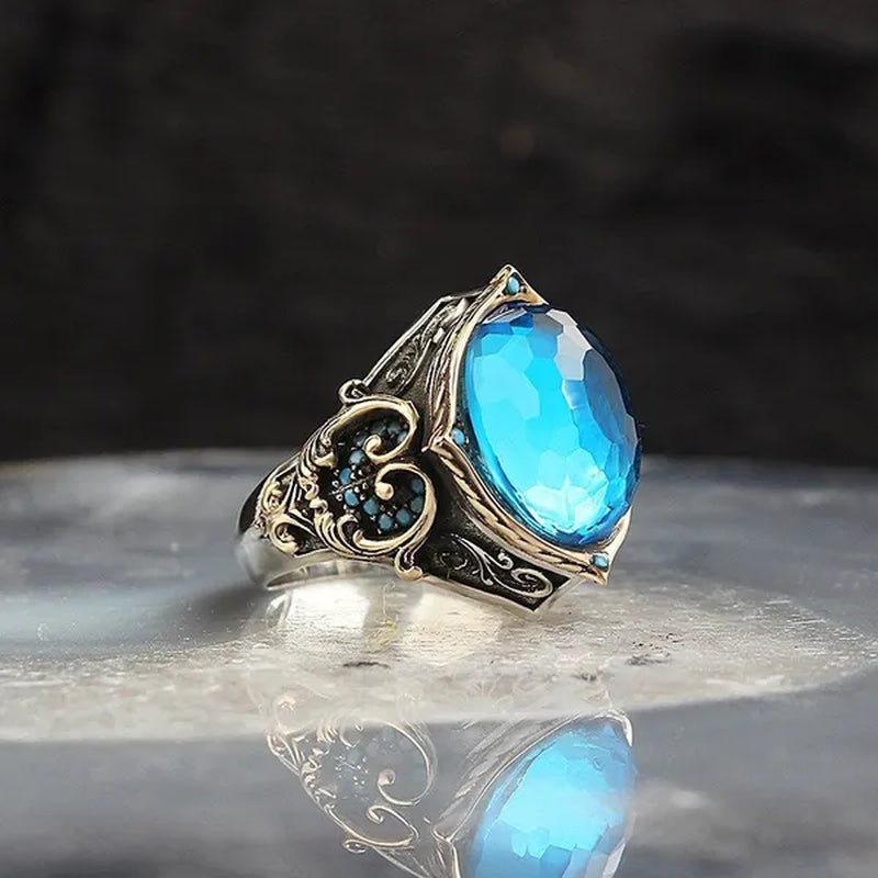 Crystal Cut Blue Topaz Stone 925 Sterling Silver Men Ring Fine Jewelry Fashion Rings For Men Gift For Him